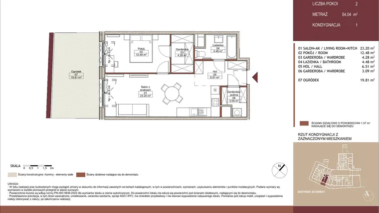 Rzut - Mieszkanie na sprzedaż 2 pokoje o powierzchni 54,31 m² - numer 01 L.05 w Mäki Apartamenty
