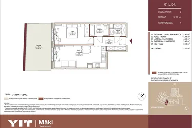Rzut - Mieszkanie na sprzedaż 2 pokoje o powierzchni 52,04 m² - numer 01 L.04 w Mäki Apartamenty