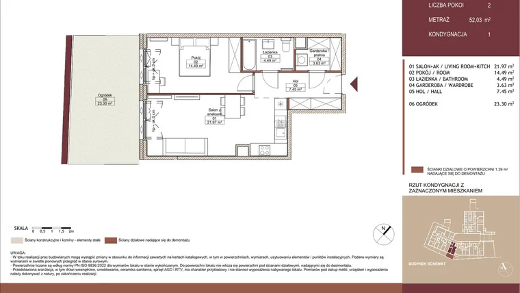 Rzut - Mieszkanie na sprzedaż 2 pokoje o powierzchni 52,04 m² - numer 01 L.04 w Mäki Apartamenty
