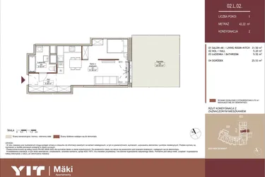 Rzut - Mieszkanie na sprzedaż 1 pokój o powierzchni 42,18 m² - numer 02 L.02 w Mäki Apartamenty