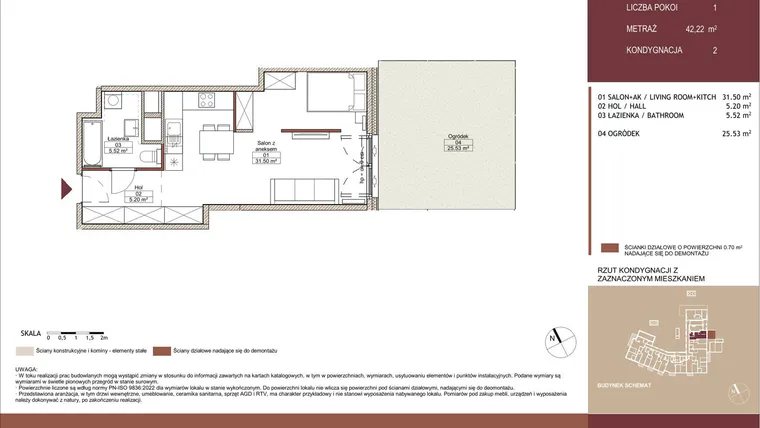 Rzut - Mieszkanie na sprzedaż 1 pokój o powierzchni 42,18 m² - numer 02 L.02 w Mäki Apartamenty