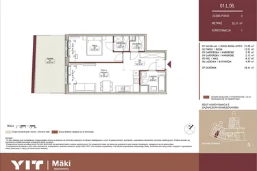 Rzut - Mieszkanie na sprzedaż 2 pokoje o powierzchni 52,4 m² - numer 01 L.06 w Mäki Apartamenty