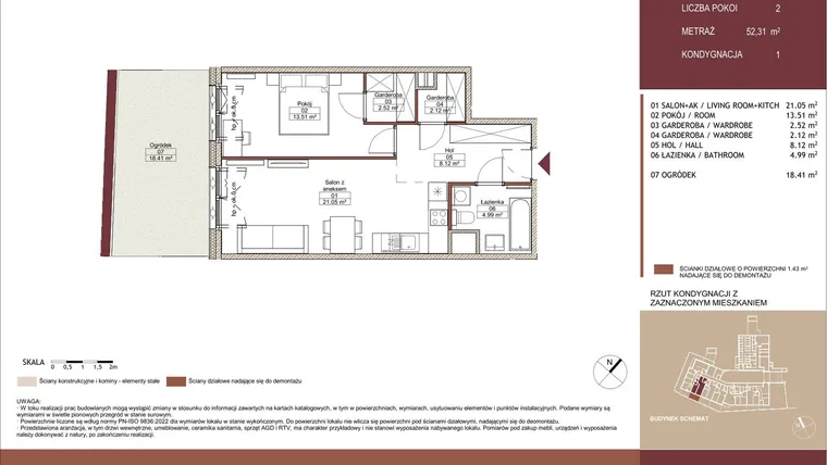 Rzut - Mieszkanie na sprzedaż 2 pokoje o powierzchni 52,4 m² - numer 01 L.06 w Mäki Apartamenty