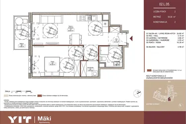 Rzut - Mieszkanie na sprzedaż 2 pokoje o powierzchni 54,04 m² - numer 02 L.05 w Mäki Apartamenty