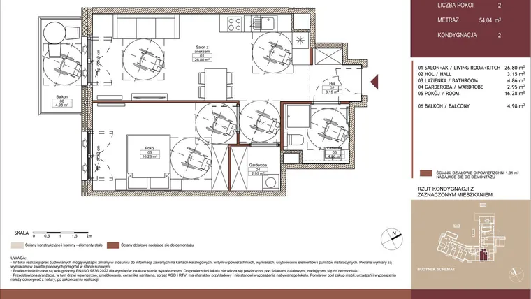 Rzut - Mieszkanie na sprzedaż 2 pokoje o powierzchni 54,04 m² - numer 02 L.05 w Mäki Apartamenty