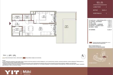 Rzut - Mieszkanie na sprzedaż 2 pokoje o powierzchni 50,94 m² - numer 02 L.03 w Mäki Apartamenty