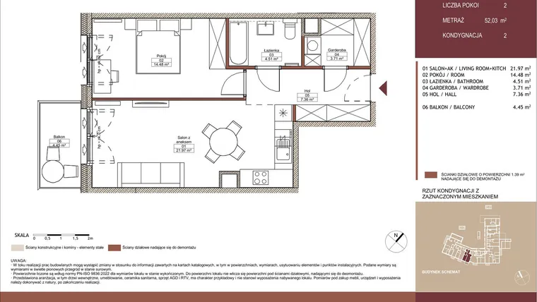 Rzut - Mieszkanie na sprzedaż 2 pokoje o powierzchni 52,04 m² - numer 02 L.07 w Mäki Apartamenty