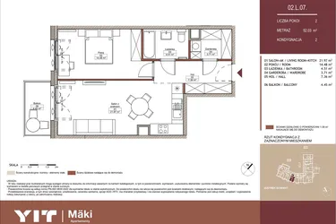 Rzut - Mieszkanie na sprzedaż 2 pokoje o powierzchni 52,04 m² - numer 02 L.07 w Mäki Apartamenty