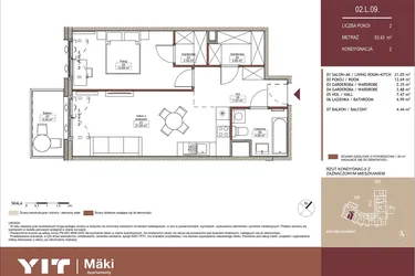 Rzut - Mieszkanie na sprzedaż 2 pokoje o powierzchni 53,43 m² - numer 02 L.09 w Mäki Apartamenty