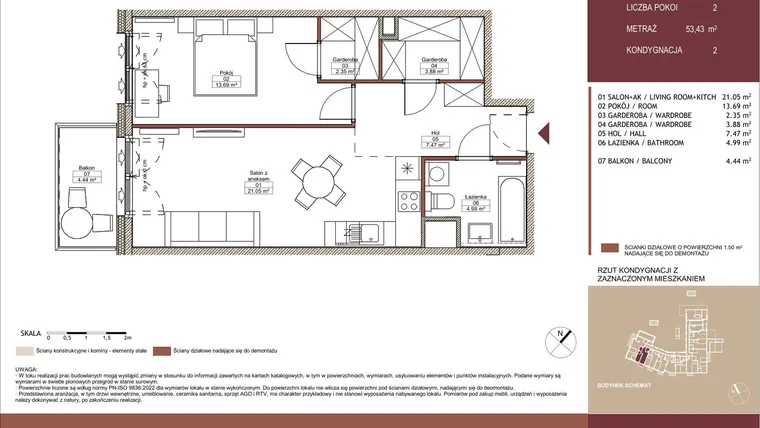 Rzut - Mieszkanie na sprzedaż 2 pokoje o powierzchni 53,43 m² - numer 02 L.09 w Mäki Apartamenty