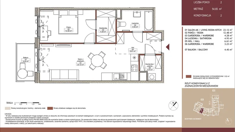 Rzut - Mieszkanie na sprzedaż 2 pokoje o powierzchni 54,65 m² - numer 02 L.08 w Mäki Apartamenty