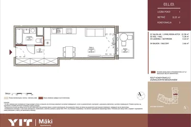 Rzut - Mieszkanie na sprzedaż 1 pokój o powierzchni 32,17 m² - numer 03 L.03 w Mäki Apartamenty
