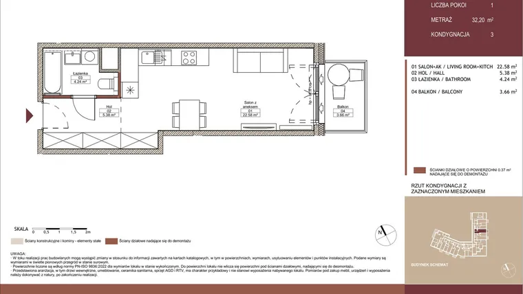 Rzut - Mieszkanie na sprzedaż 1 pokój o powierzchni 32,17 m² - numer 03 L.03 w Mäki Apartamenty