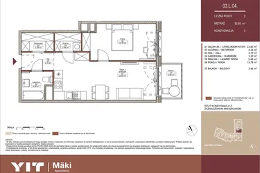 Rzut - Mieszkanie na sprzedaż 2 pokoje o powierzchni 50,94 m² - numer 03 L.04 w Mäki Apartamenty