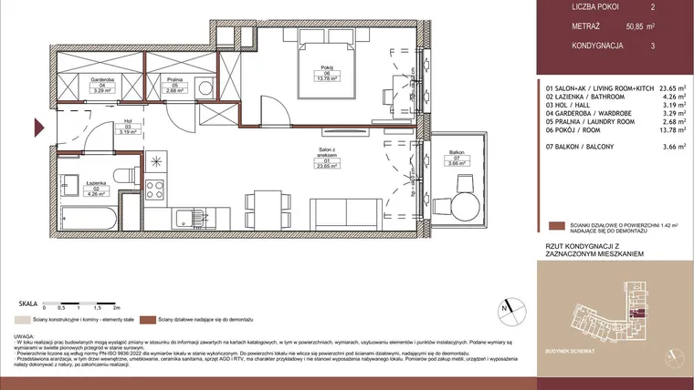 Rzut - Mieszkanie na sprzedaż 2 pokoje o powierzchni 50,94 m² - numer 03 L.04 w Mäki Apartamenty