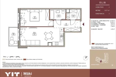 Rzut - Mieszkanie na sprzedaż 2 pokoje o powierzchni 51,78 m² - numer 03 L.08 w Mäki Apartamenty