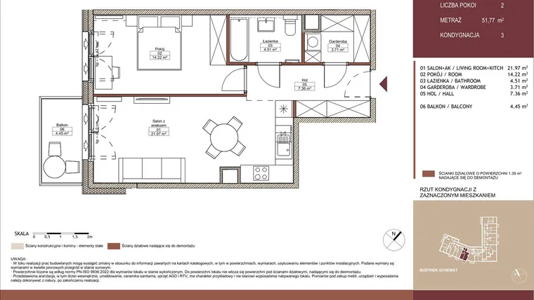 Rzut - Mieszkanie na sprzedaż 2 pokoje o powierzchni 51,78 m² - numer 03 L.08 w Mäki Apartamenty