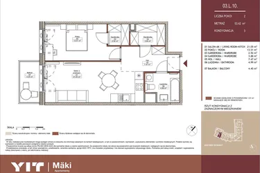 Rzut - Mieszkanie na sprzedaż 2 pokoje o powierzchni 53,41 m² - numer 03 L.10 w Mäki Apartamenty