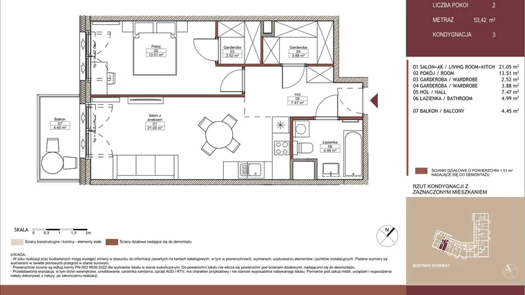 Rzut - Mieszkanie na sprzedaż 2 pokoje o powierzchni 53,41 m² - numer 03 L.10 w Mäki Apartamenty