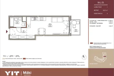 Rzut - Mieszkanie na sprzedaż 1 pokój o powierzchni 32,17 m² - numer 04 L.03 w Mäki Apartamenty