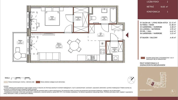 Rzut - Mieszkanie na sprzedaż 2 pokoje o powierzchni 54,65 m² - numer 03 L.09 w Mäki Apartamenty