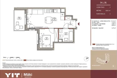 Rzut - Mieszkanie na sprzedaż 2 pokoje o powierzchni 36,07 m² - numer 04 L.06 w Mäki Apartamenty