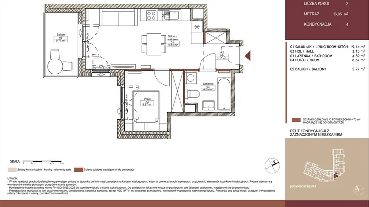 Rzut - Mieszkanie na sprzedaż 2 pokoje o powierzchni 36,07 m² - numer 04 L.06 w Mäki Apartamenty