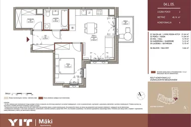 Rzut - Mieszkanie na sprzedaż 2 pokoje o powierzchni 48,17 m² - numer 04 L.05 w Mäki Apartamenty