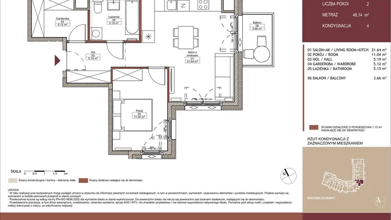 Rzut - Mieszkanie na sprzedaż 2 pokoje o powierzchni 48,17 m² - numer 04 L.05 w Mäki Apartamenty
