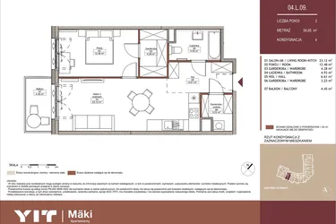 Rzut - Mieszkanie na sprzedaż 2 pokoje o powierzchni 54,65 m² - numer 04 L.09 w Mäki Apartamenty