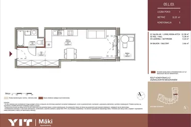 Rzut - Mieszkanie na sprzedaż 1 pokój o powierzchni 32,17 m² - numer 05 L.03 w Mäki Apartamenty