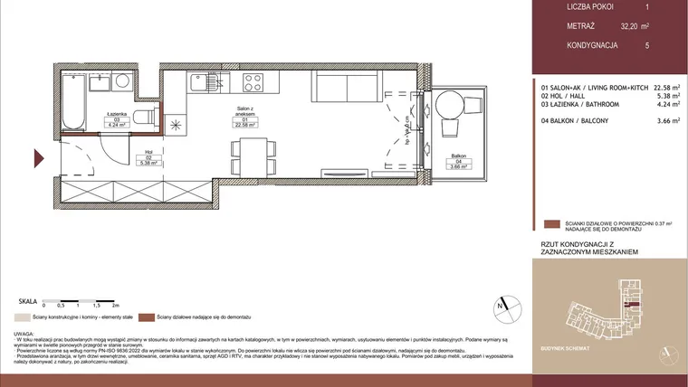 Rzut - Mieszkanie na sprzedaż 1 pokój o powierzchni 32,17 m² - numer 05 L.03 w Mäki Apartamenty