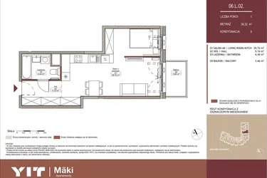 Rzut - Mieszkanie na sprzedaż 1 pokój o powierzchni 39,27 m² - numer 06 L.02 w Mäki Apartamenty