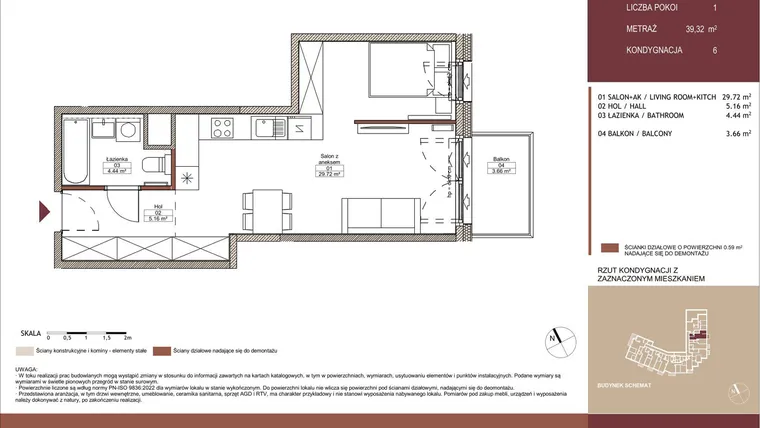 Rzut - Mieszkanie na sprzedaż 1 pokój o powierzchni 39,27 m² - numer 06 L.02 w Mäki Apartamenty