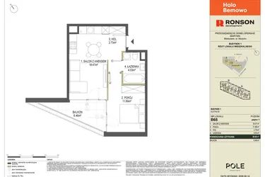 Rzut - Mieszkanie na sprzedaż 2 pokoje o powierzchni 36,92 m² - numer B65 w Halo Bemowo