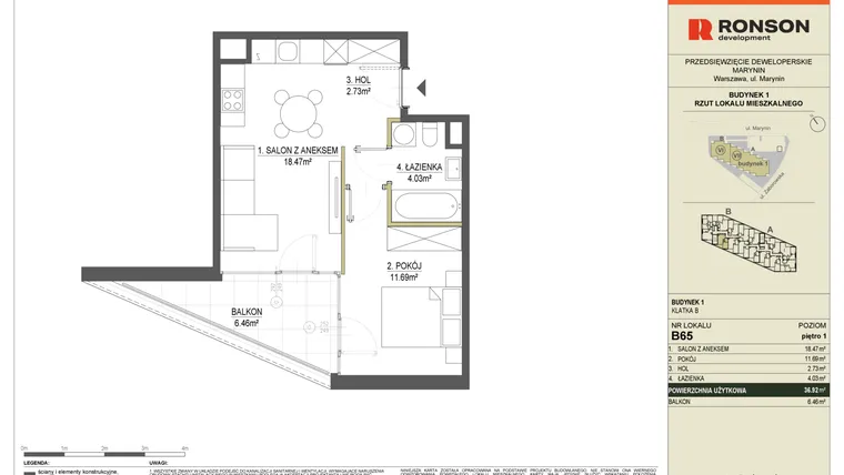 Rzut - Mieszkanie na sprzedaż 2 pokoje o powierzchni 36,92 m² - numer B65 w Halo Bemowo