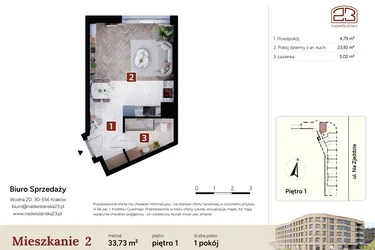 Rzut - Mieszkanie na sprzedaż 1 pokój o powierzchni 33,73 m² - numer M2 w Nadwiślańska 23