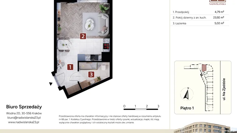 Rzut - Mieszkanie na sprzedaż 1 pokój o powierzchni 33,73 m² - numer M2 w Nadwiślańska 23