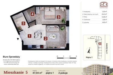 Rzut - Mieszkanie na sprzedaż 2 pokoje o powierzchni 47,04 m² - numer M5 w Nadwiślańska 23