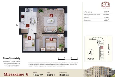Rzut - Mieszkanie na sprzedaż 2 pokoje o powierzchni 42,6 m² - numer M6 w Nadwiślańska 23