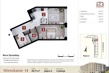 Rzut - Mieszkanie na sprzedaż 2 pokoje o powierzchni 49,11 m² - numer M14 w Nadwiślańska 23