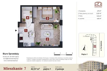 Rzut - Mieszkanie na sprzedaż 2 pokoje o powierzchni 42,57 m² - numer M7 w Nadwiślańska 23