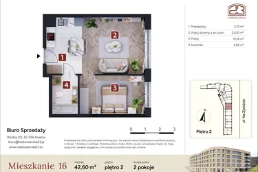 Rzut - Mieszkanie na sprzedaż 2 pokoje o powierzchni 42,6 m² - numer M16 w Nadwiślańska 23