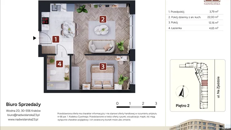Rzut - Mieszkanie na sprzedaż 2 pokoje o powierzchni 42,6 m² - numer M16 w Nadwiślańska 23