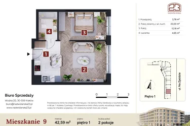 Rzut - Mieszkanie na sprzedaż 2 pokoje o powierzchni 42,59 m² - numer M9 w Nadwiślańska 23