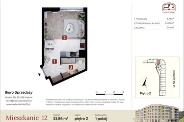 Rzut - Mieszkanie na sprzedaż 1 pokój o powierzchni 33,86 m² - numer M12 w Nadwiślańska 23