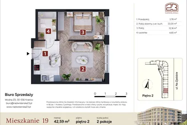 Rzut - Mieszkanie na sprzedaż 2 pokoje o powierzchni 42,59 m² - numer M19 w Nadwiślańska 23