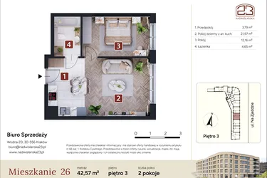 Rzut - Mieszkanie na sprzedaż 2 pokoje o powierzchni 42,57 m² - numer M26 w Nadwiślańska 23