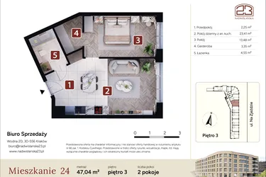 Rzut - Mieszkanie na sprzedaż 2 pokoje o powierzchni 47,04 m² - numer M24 w Nadwiślańska 23