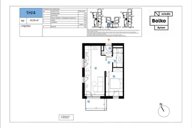 Rzut - Mieszkanie na sprzedaż 2 pokoje o powierzchni 43,35 m² - numer 1H/4 w Bolko etap III